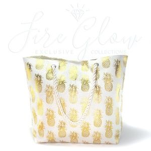 White and Gold Foil Print Pineapple Beach Tote Bag